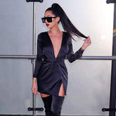 Autumn Long Sleeve Deep V Neck Satin Mini Dress Ladies Short Knot Wrap Split Party Club Dresses